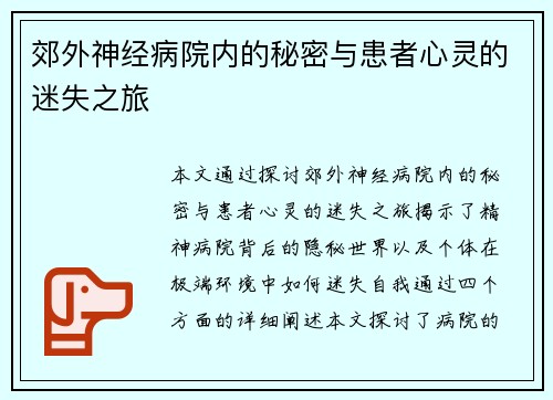 郊外神经病院内的秘密与患者心灵的迷失之旅